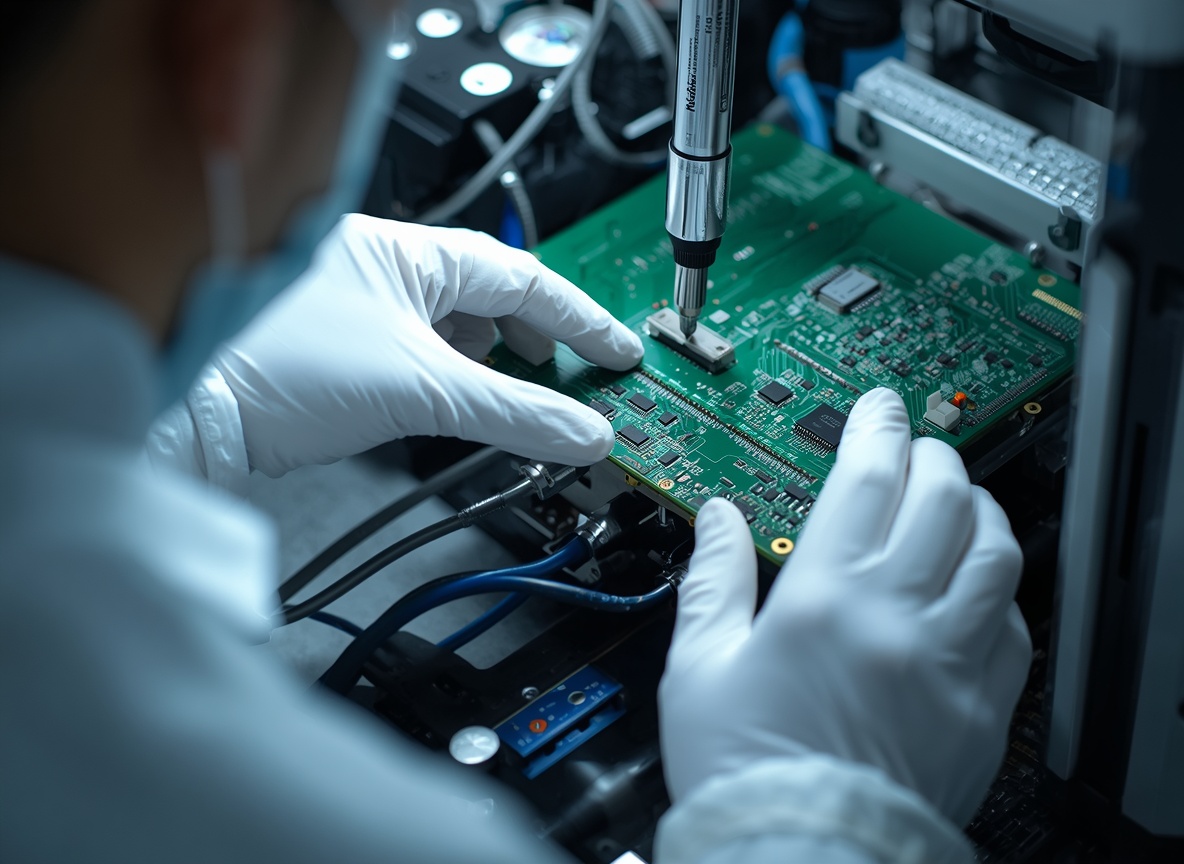 Engineer in white gloves working on an instrument's circuit board