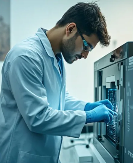 Engineer in a lab coat and gloves servicing an instrument's electronics