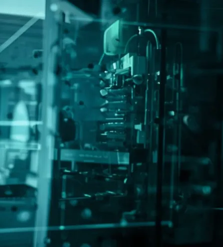 Close-up of instrument components behind glass