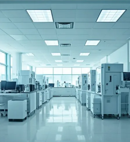 Bright, modern analytical laboratory with rows of instruments