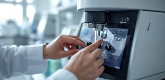 Technician using an atomic spectroscopy instrument's touchscreen