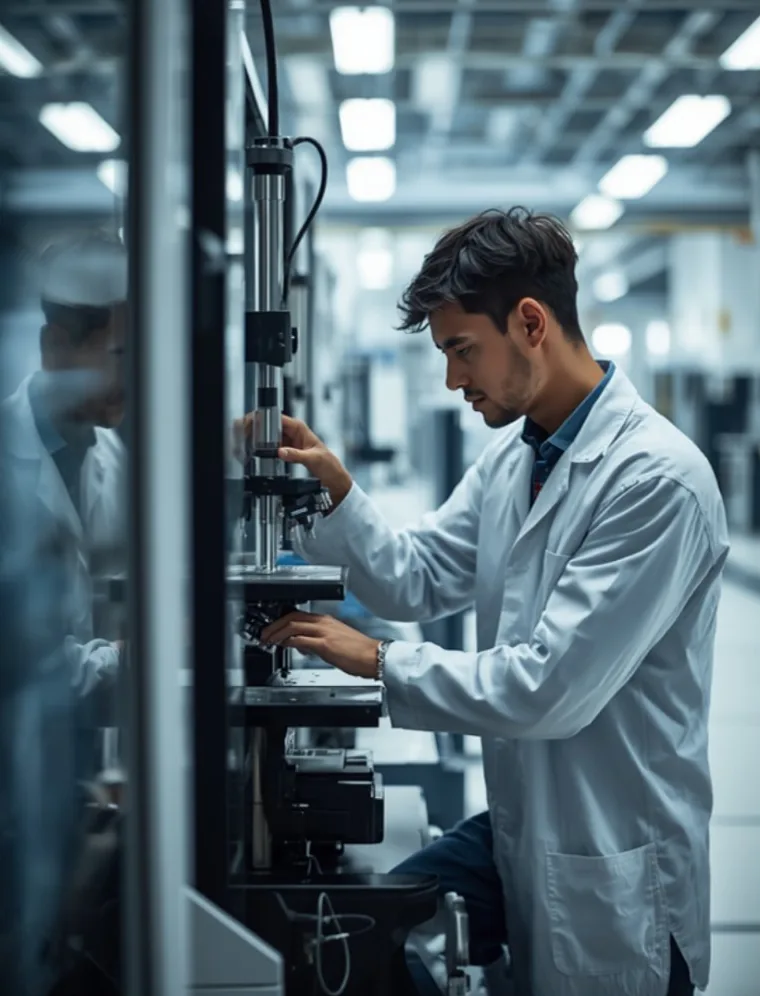 Engineer working on an instrument at a laboratory bench
